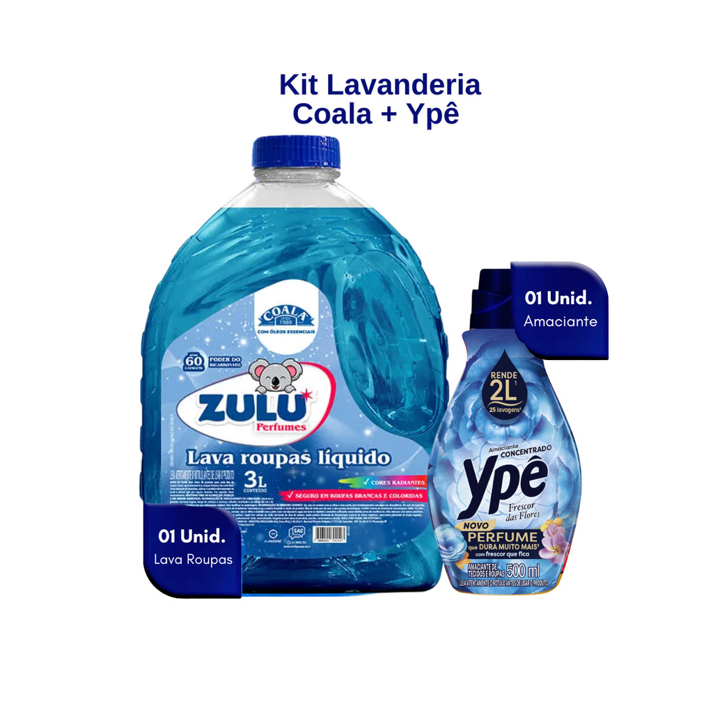 Kit Lava Roupas Zulu 3L Perfumes – Coala + Amaciante 500ml – Ypê Kit Lava Roupas Zulu 3L Perfumes – Coala + Amaciante 500ml – Ypê