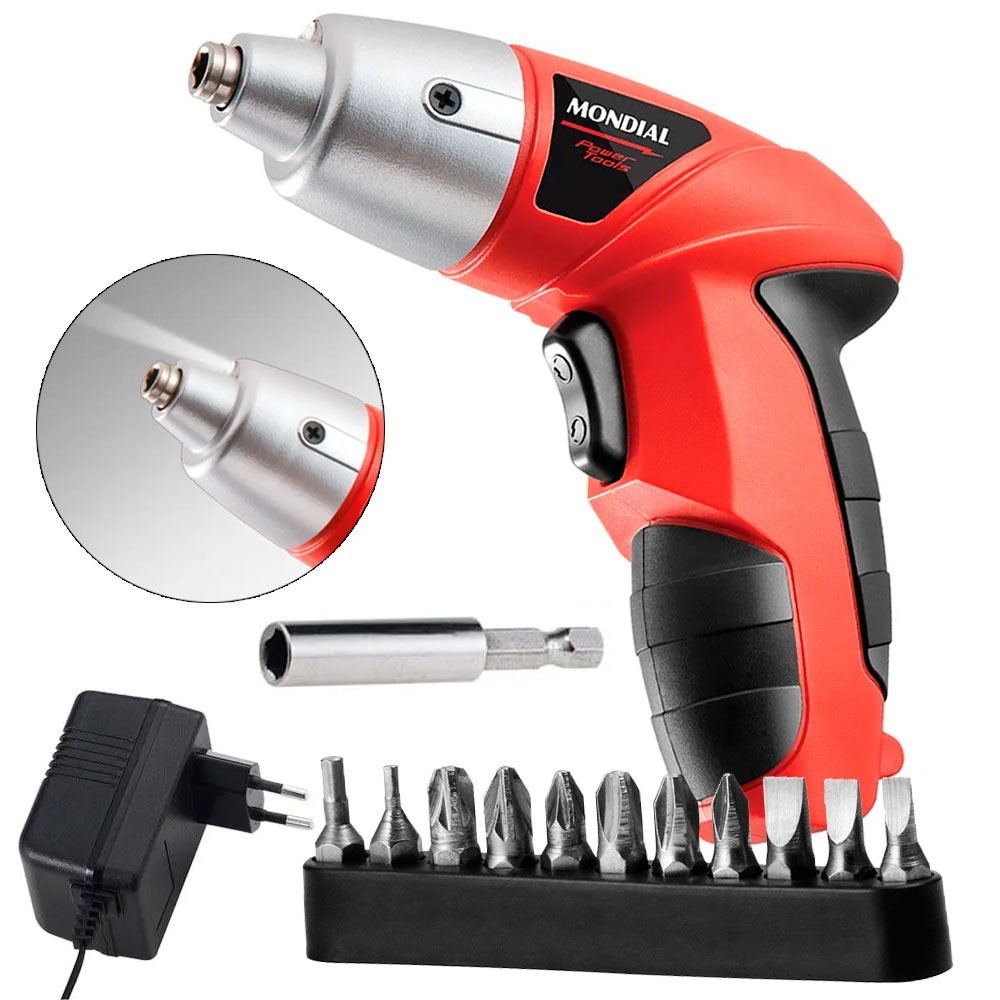 Parafusadeira a bateria 4,8 volts com 11 bits e prolongador – Power Tools FPF-05- Mondial Parafusadeira a bateria 4,8 volts com 11 bits e prolongador – Power Tools FPF-05- Mondial