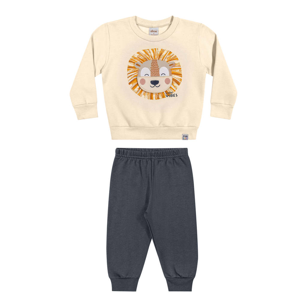 Conjunto Bebê Menino Leão Bordado Interativo Elian Bege Conjunto Bebê Menino Leão Bordado Interativo Elian Bege