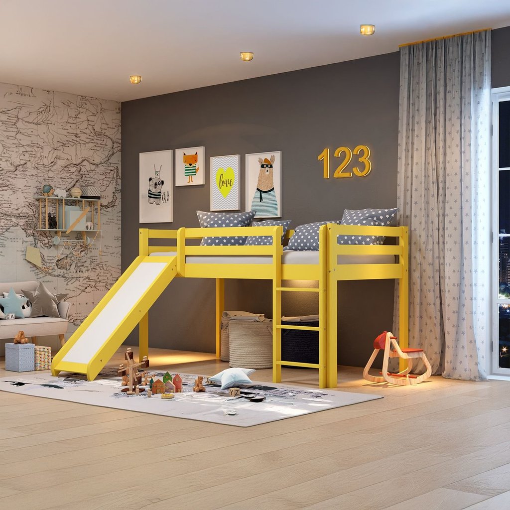 Cama Alta Infantil com Escorregador em Madeira Maciça/MDF Amarelo Cama Alta Infantil com Escorregador em Madeira Maciça/MDF Amarelo
