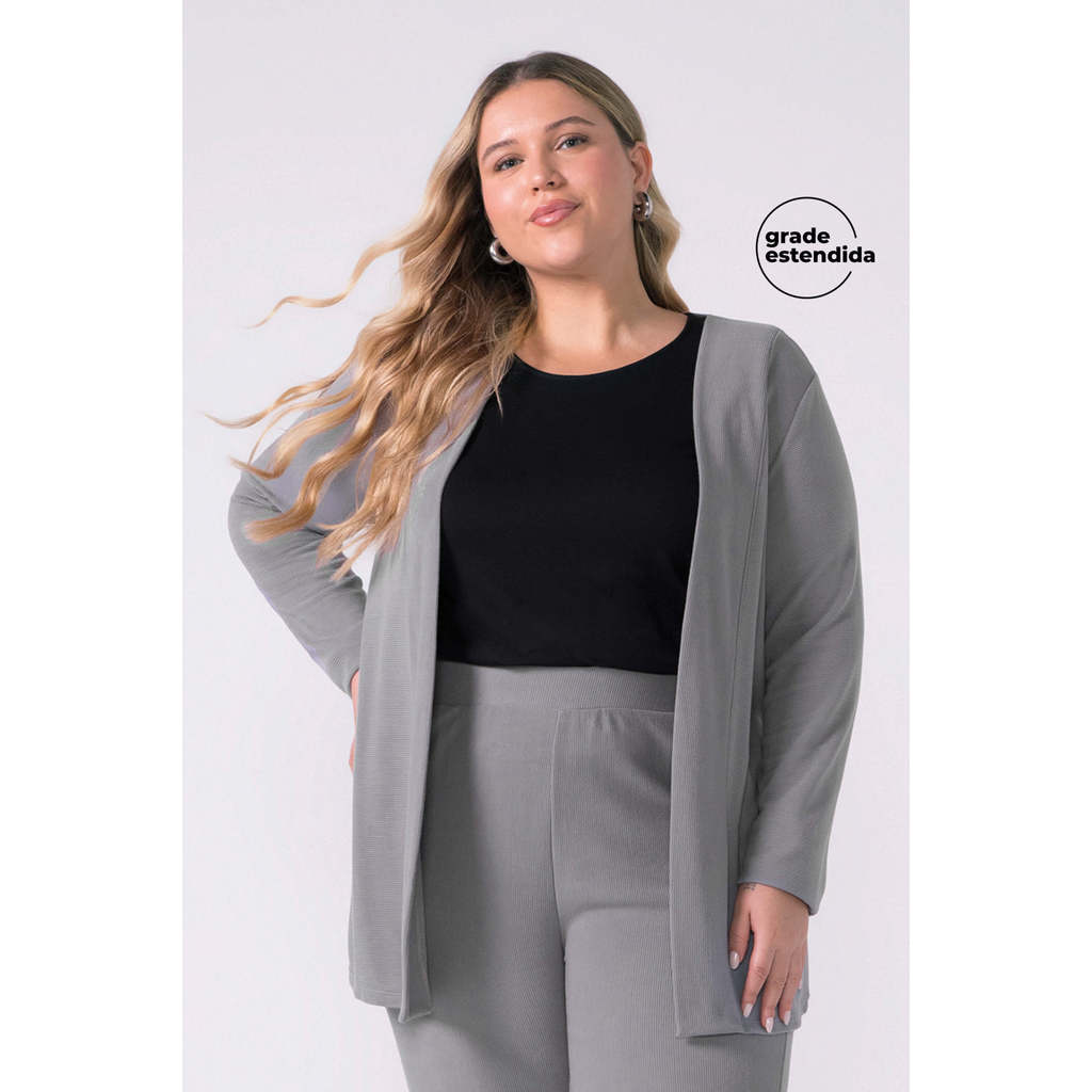 Cardigan Feminino Alongado Canelado Marialícia Cinza Cardigan Feminino Alongado Canelado Marialícia Cinza