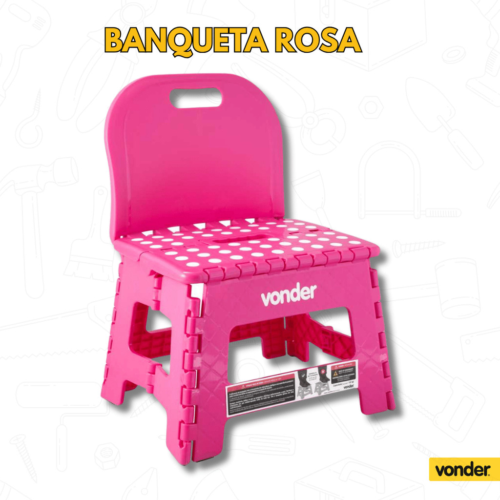 Banqueta Plástica Dobrável Rosa com Encosto 220 mm – VONDER Banqueta Plástica Dobrável Rosa com Encosto 220 mm – VONDER