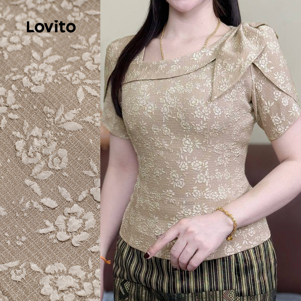 Lovito Blusa Elegante Jacquard Assimétrica Primavera/verão Marrom para Mulheres L165ED1502 Lovito Blusa Elegante Jacquard Assimétrica Primavera/verão Marrom para Mulheres L165ED1502
