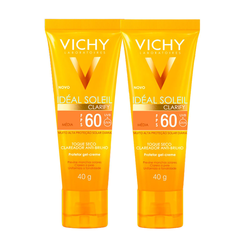 Kit 2 Protetor Solar Vichy Idéal Solei Clarify FPS 60 Cor Média 40g Kit 2 Protetor Solar Vichy Idéal Solei Clarify FPS 60 Cor Média 40g