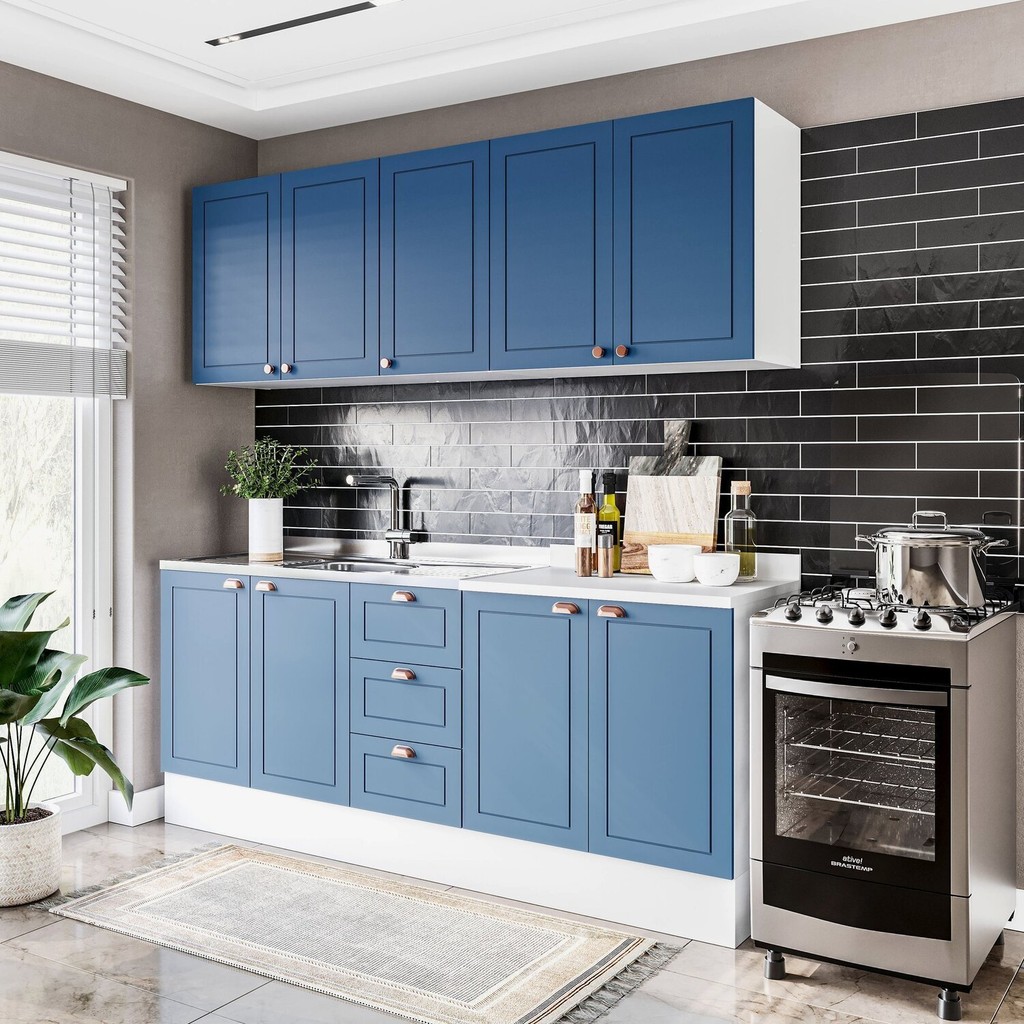 Cozinha Pérola com Rodapé 4 Peças Aéreos com 5 Portas, Balcão 2 Gavetas 3 Portas e Balcão 2 Portas Y Branco/Azul Cozinha Pérola com Rodapé 4 Peças Aéreos com 5 Portas, Balcão 2 Gavetas 3 Portas e Balcão 2 Portas Y Branco/Azul