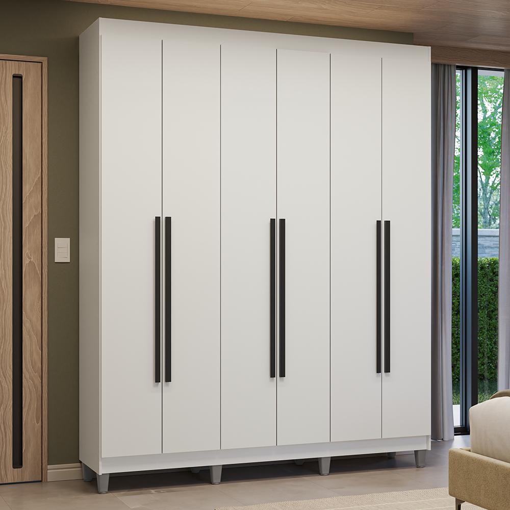 Guarda-Roupa Casal com Pés 6 Portas Batentes Branco/Branco/Preto Venus Madesa Guarda-Roupa Casal com Pés 6 Portas Batentes Branco/Branco/Preto Venus Madesa