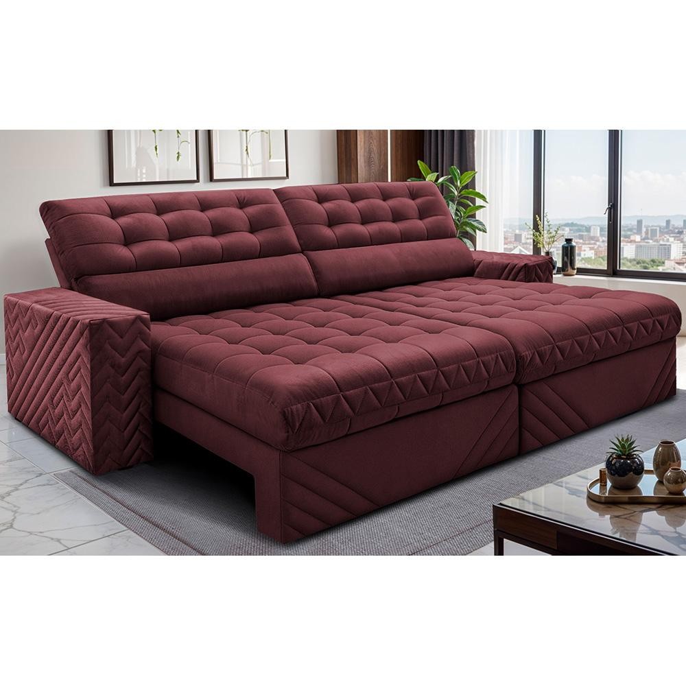 Sofá Retrátil e Reclinável 2,70m Molas Ensacadas Max Spring Velusoft Vinho Cama inBox Sofá Retrátil e Reclinável 2,70m Molas Ensacadas Max Spring Velusoft Vinho Cama inBox