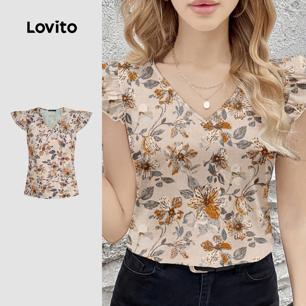 (NEW) Lovito Blusa Casual de Babado com Flores Primavera/verão para Mulheres L155ED739 (NEW) Lovito Blusa Casual de Babado com Flores Primavera/verão para Mulheres L155ED739