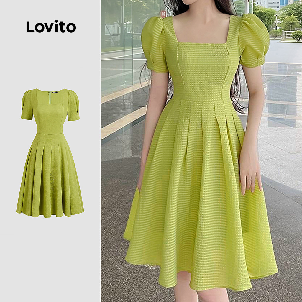 Lovito Vestido Casual Plissado com Textura Agradável Primavera/verão Verde para mulheres L137ED721 Lovito Vestido Casual Plissado com Textura Agradável Primavera/verão Verde para mulheres L137ED721