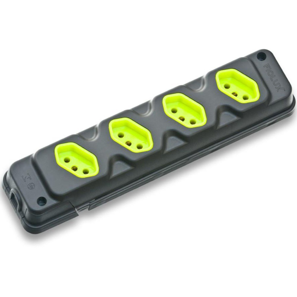 Tomada em barra para extensão com 4 tomadas 2P+T 20A preto/verde Robust Fiolux Tomada em barra para extensão com 4 tomadas 2P+T 20A preto/verde Robust Fiolux