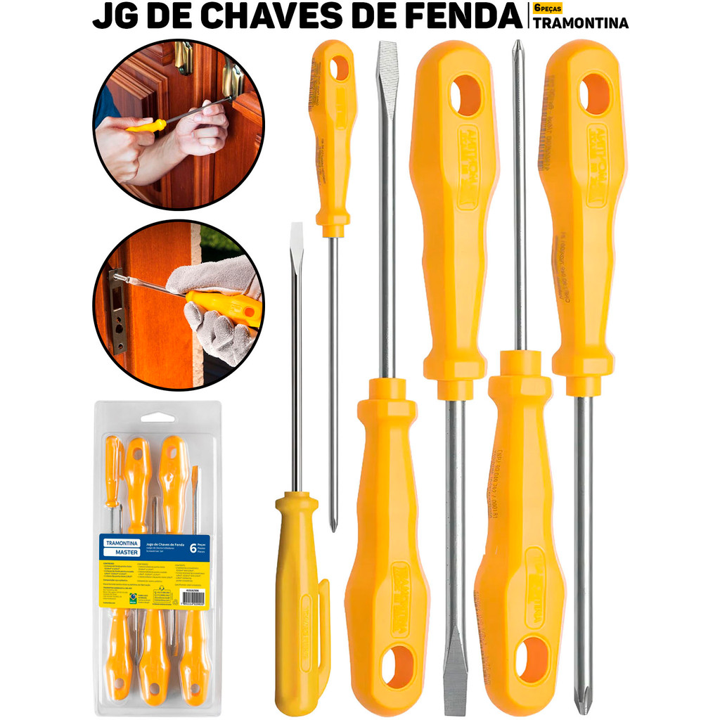 Kit Jogo De Chave De Fenda 6 Peças Tramontina Ponta Chata Cruzada E Tipo Clip Reparos Elétricos