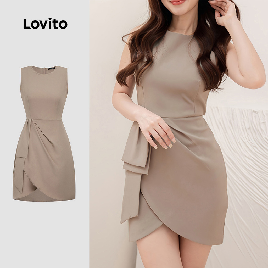 (NEW) Lovito Vestido Elegante Simples Assimétrico Primavera/verão Vestido Cáqui para Mulheres L155ED1783 (NEW) Lovito Vestido Elegante Simples Assimétrico Primavera/verão Vestido Cáqui para Mulheres L155ED1783