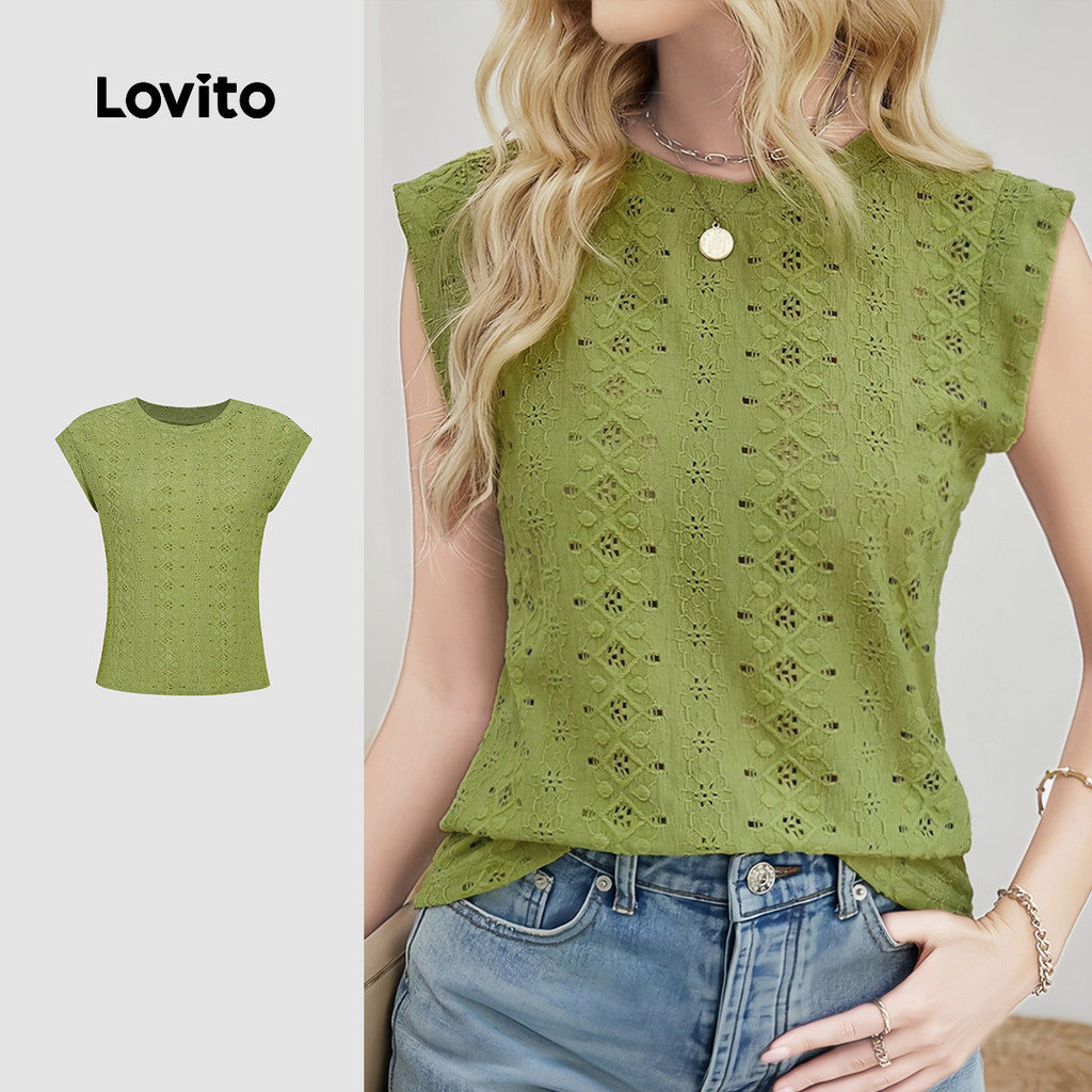 Lovito Blusa Casual com Colar Contrastada Clássica e Versátil Verde para Primavera/verão para Femininas L150AD700 Lovito Blusa Casual com Colar Contrastada Clássica e Versátil Verde para Primavera/verão para Femininas L150AD700