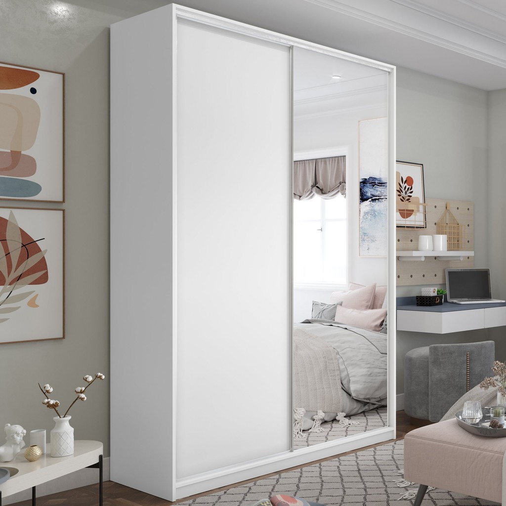 Guarda Roupa Solteiro 100% MDF BP com 2 Portas e 1 Espelho Zermatt Branco