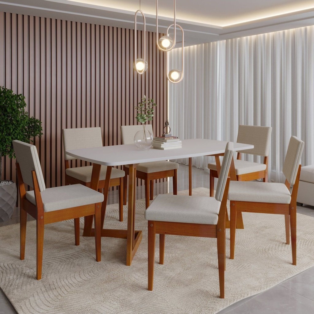 Conjunto para Sala de Jantar Tampo Oval 170cm com 6 Cadeiras Madeira Maciça Miami Caramelo/Off White Conjunto para Sala de Jantar Tampo Oval 170cm com 6 Cadeiras Madeira Maciça Miami Caramelo/Off White