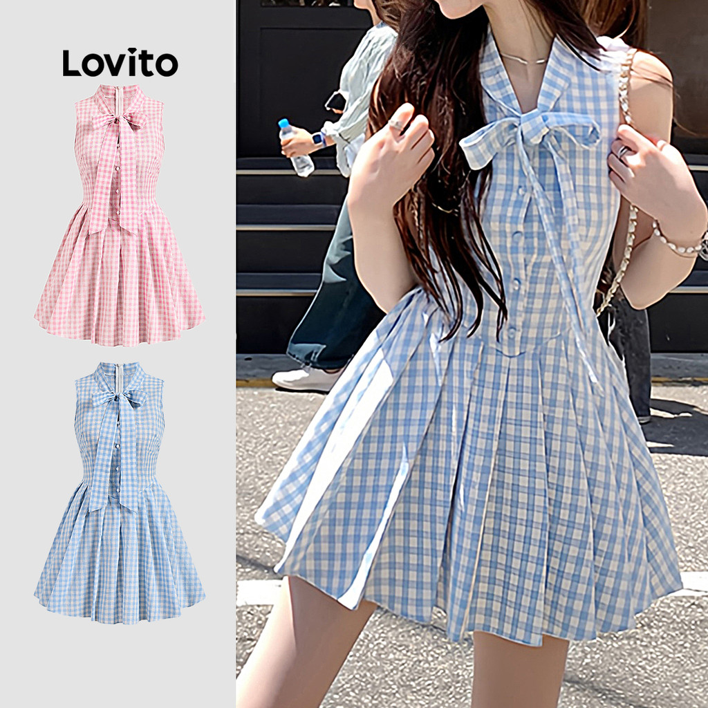 Lovito Vestido Casual Feminino Xadrez Drapeado Com Cadarço E Laço Vestido De Verão/primavera L133AD513