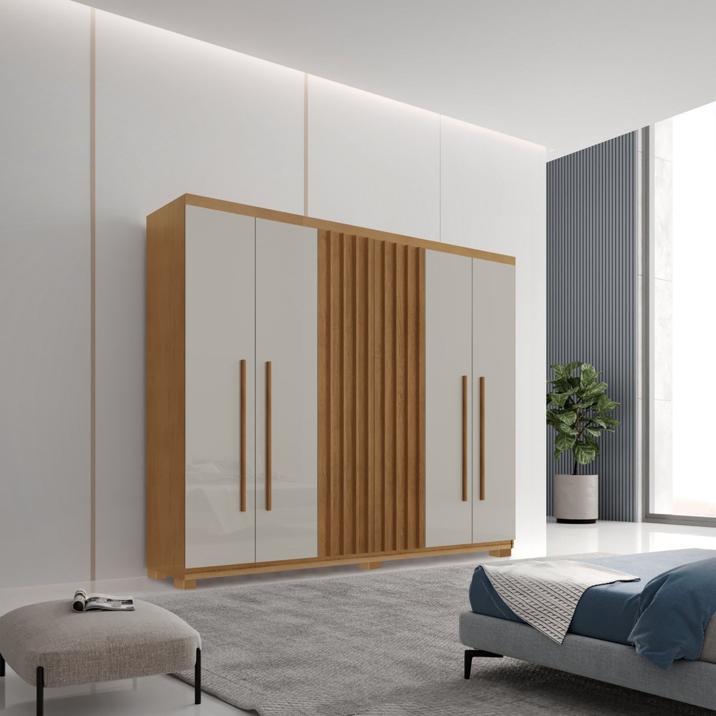 Guarda-Roupa 6 Portas 2 Gavetas com Pés MDF Logan Naturale/Off White Guarda-Roupa 6 Portas 2 Gavetas com Pés MDF Logan Naturale/Off White