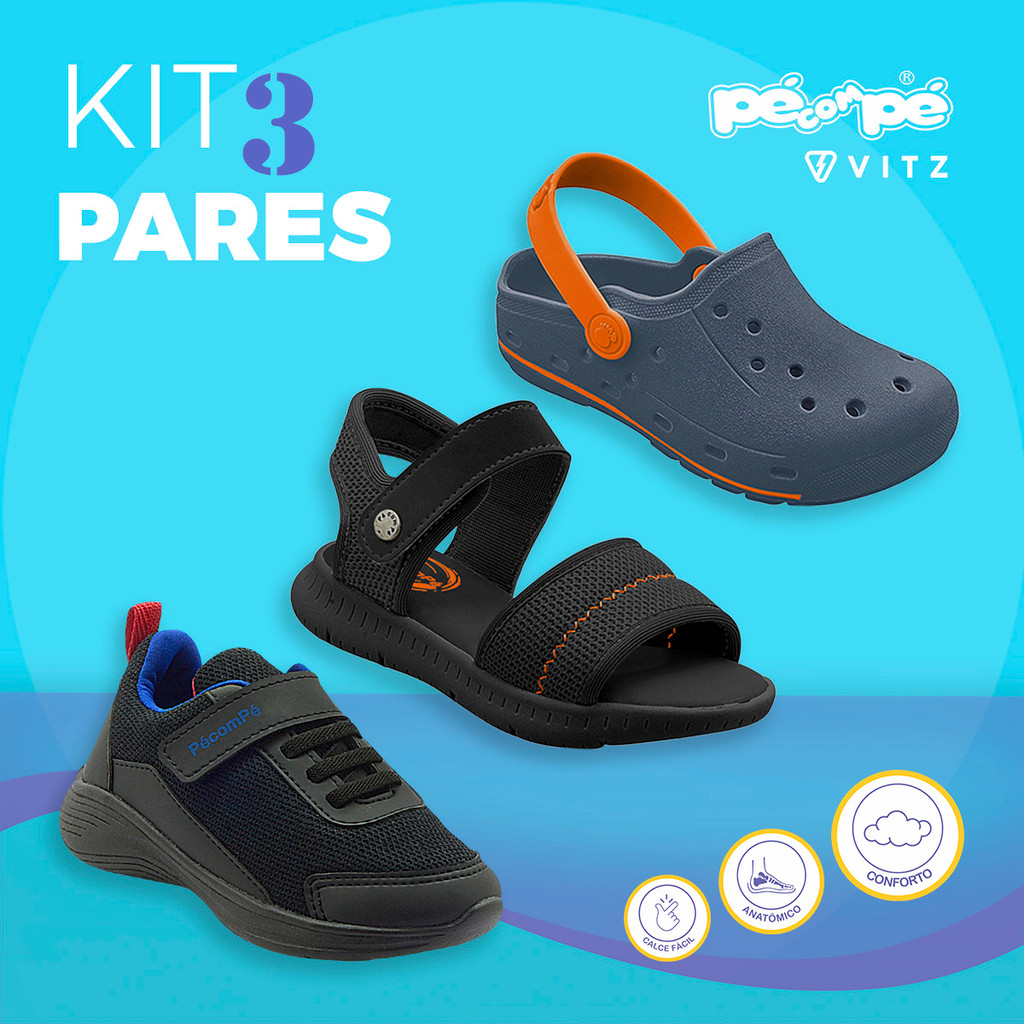 Kit Tênis Sandália Injetada Papete Infantil Masculino Casual Menino Kit Tênis Sandália Injetada Papete Infantil Masculino Casual Menino