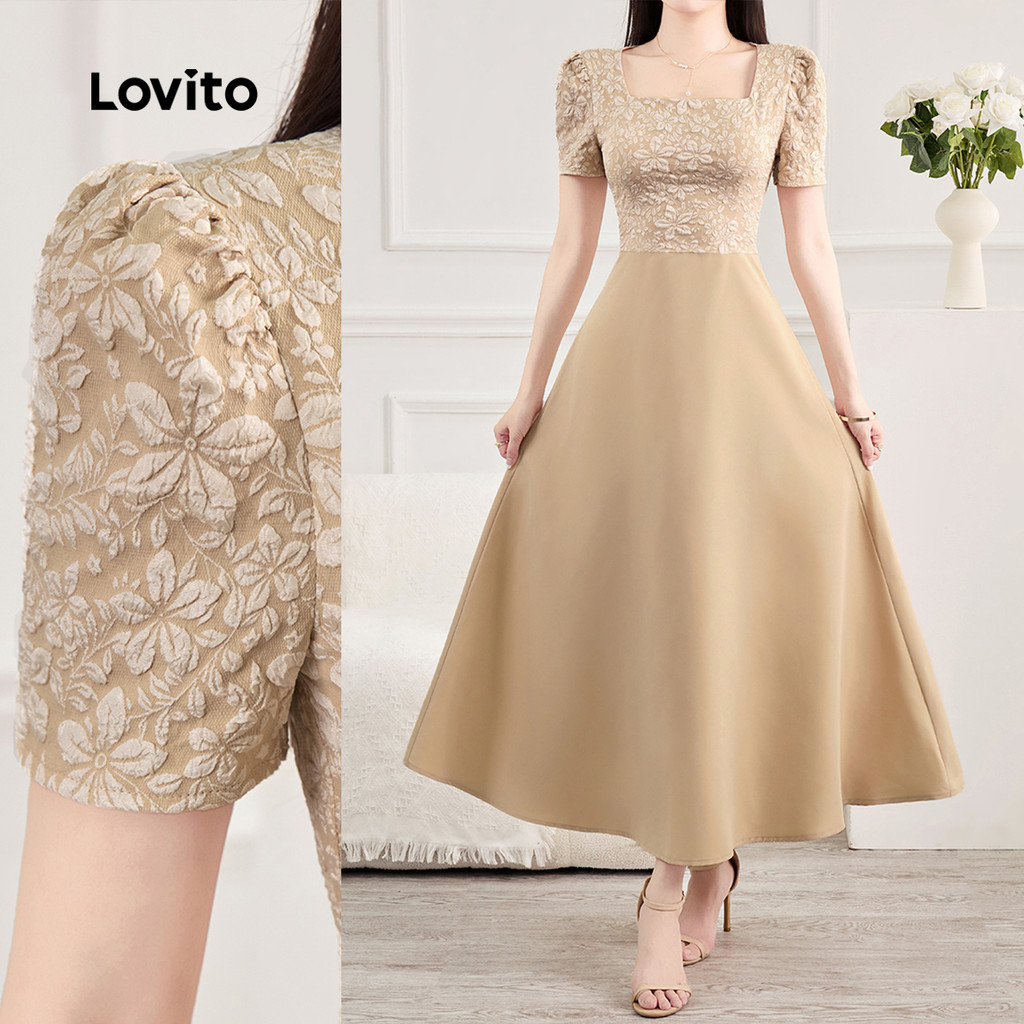 (New) Lovito Vestido Elegante Falso 2 em 1 Primavera/verão Vestido Caqui para Mulheres L150AD933 (New) Lovito Vestido Elegante Falso 2 em 1 Primavera/verão Vestido Caqui para Mulheres L150AD933