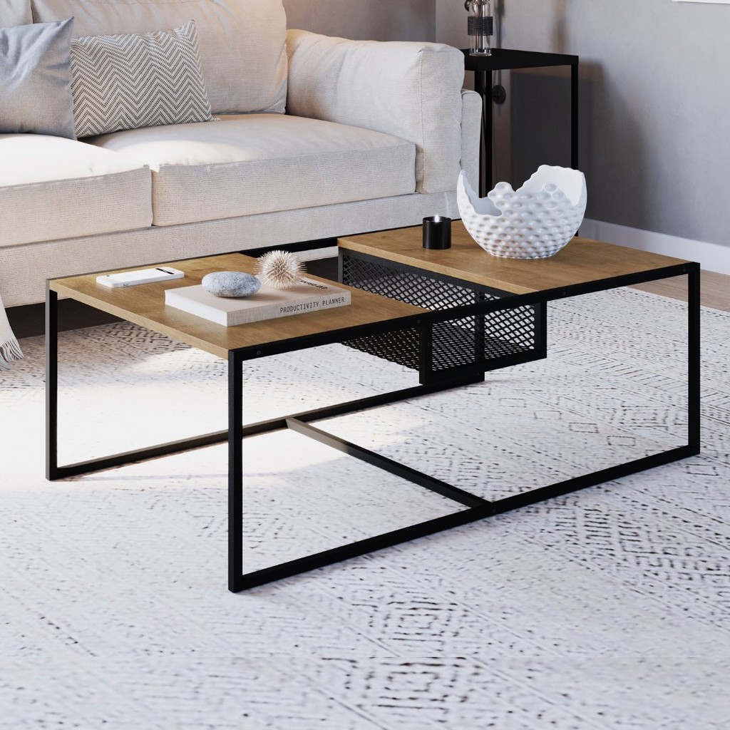 Mesa de Centro Industrial Retrô com Nicho Madeira/Aço York Hanover/Preto
