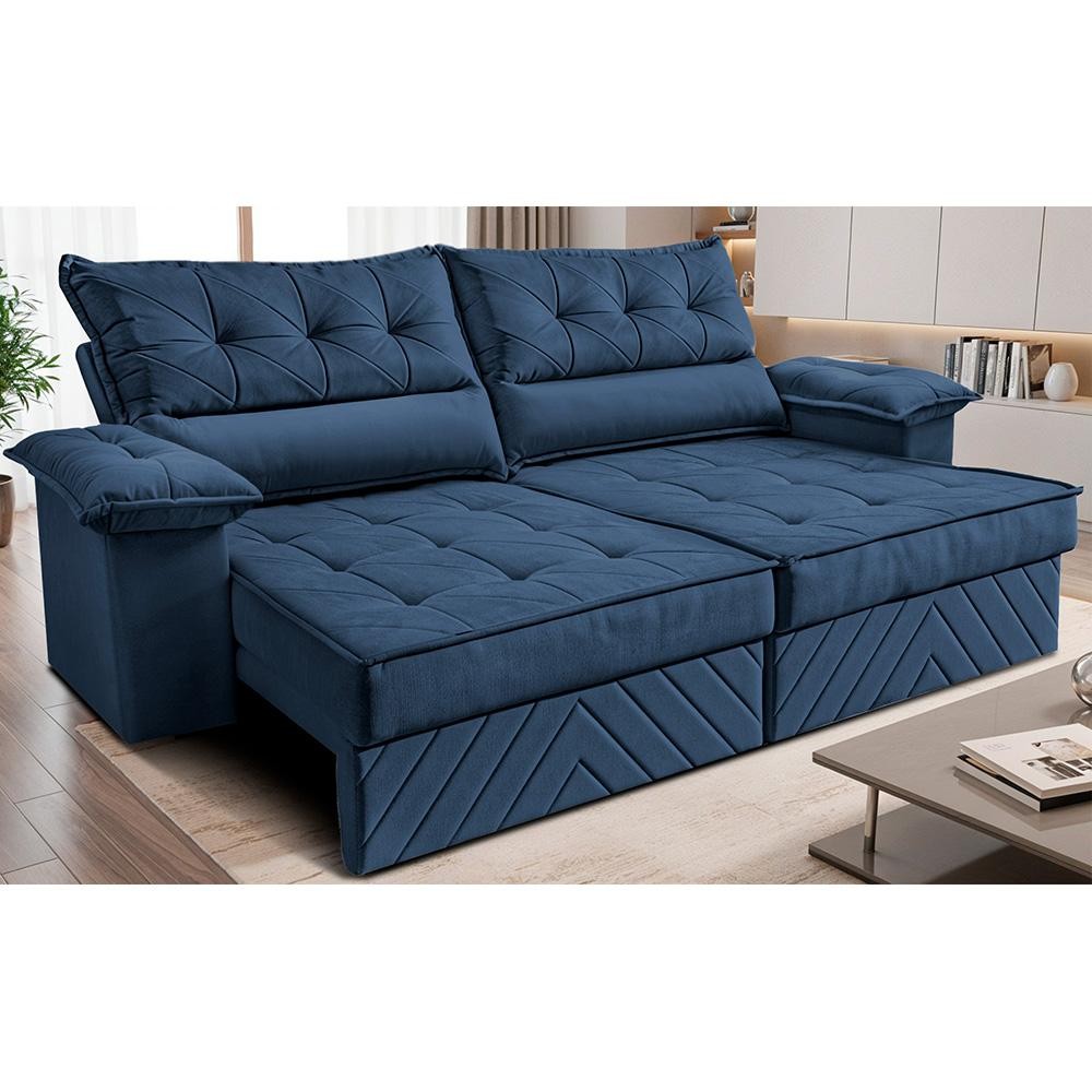 Sofá Retrátil e Reclinável 2,10m com Molas e Espuma D33 Thunder Velusoft Azul Cama inBox Sofá Retrátil e Reclinável 2,10m com Molas e Espuma D33 Thunder Velusoft Azul Cama inBox