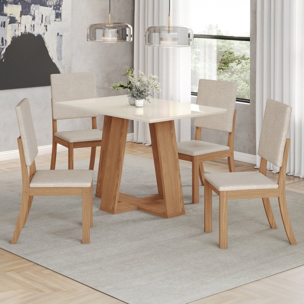 Conjunto Sala Jantar Mesa Lins 120cm Canto Reto com Vidro + 4 Cadeiras Milla Nature/Off White Conjunto Sala Jantar Mesa Lins 120cm Canto Reto com Vidro + 4 Cadeiras Milla Nature/Off White