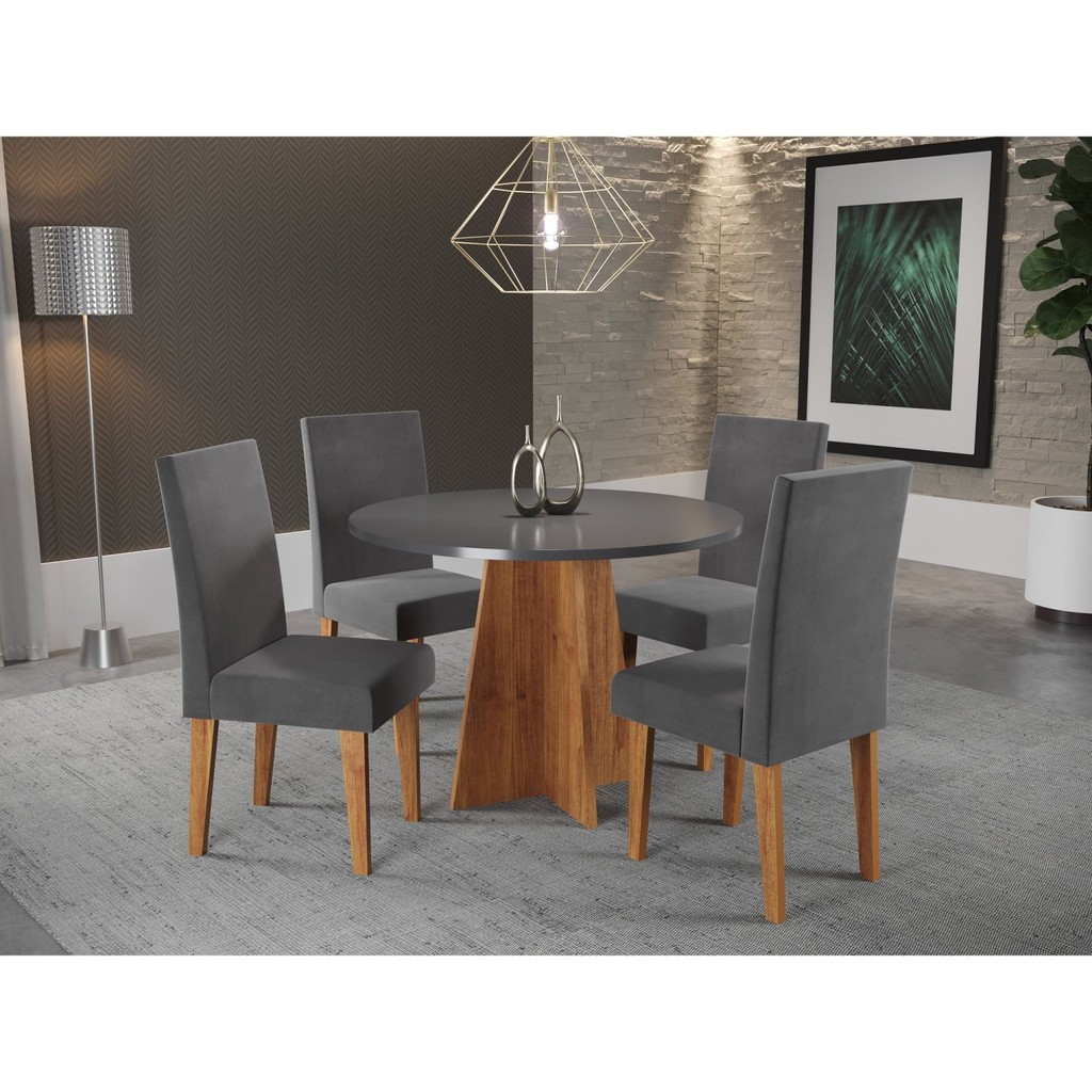 Conjunto Mesa de Jantar Redonda Spirit com 4 Cadeiras Mel/Cinza/Grafite Conjunto Mesa de Jantar Redonda Spirit com 4 Cadeiras Mel/Cinza/Grafite