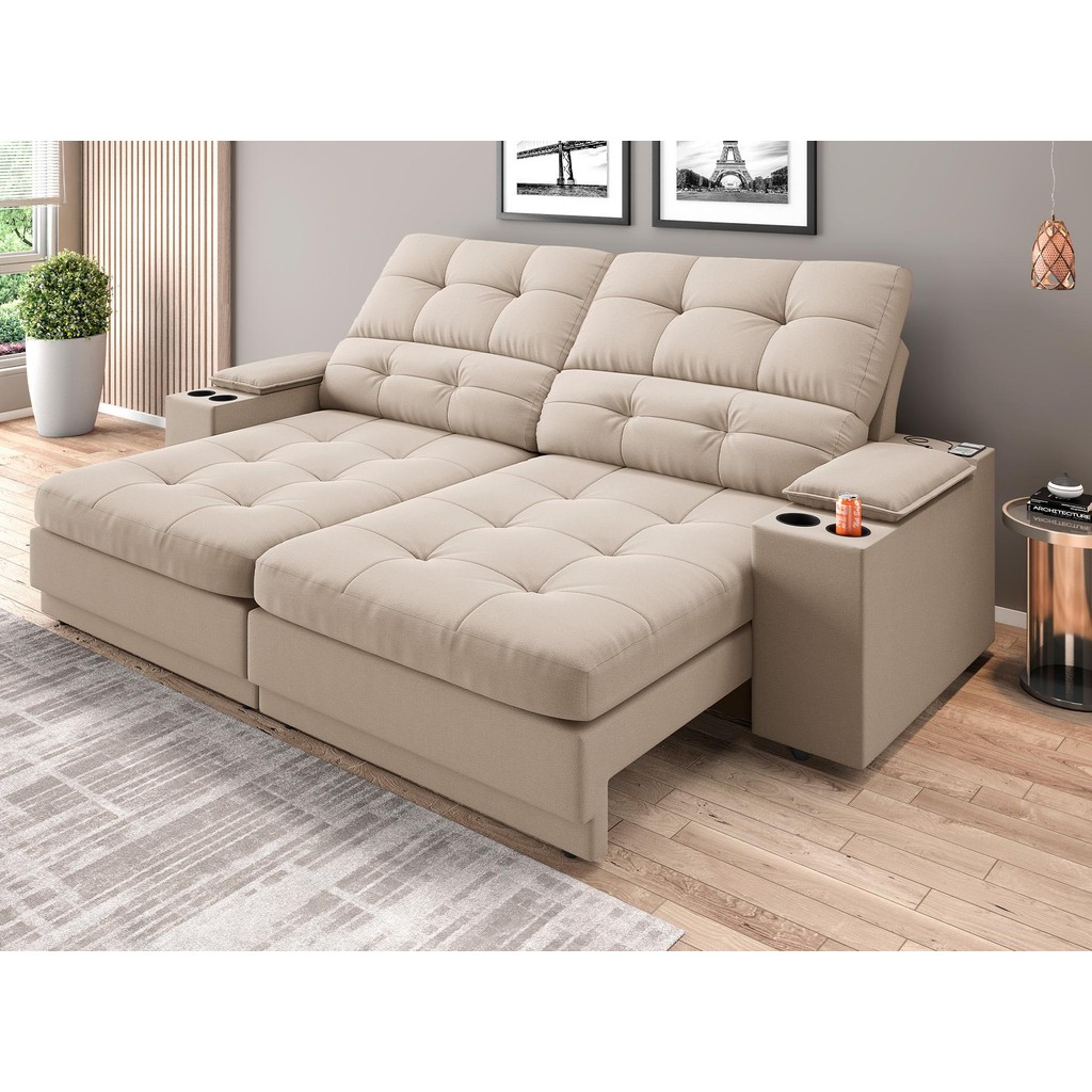Sofá com Porta Copos e Carregador USB Eureka 2,00m Assento Retrátil e Reclinável Velosuede – NETSOFAS Sofá com Porta Copos e Carregador USB Eureka 2,00m Assento Retrátil e Reclinável Velosuede – NETSOFAS