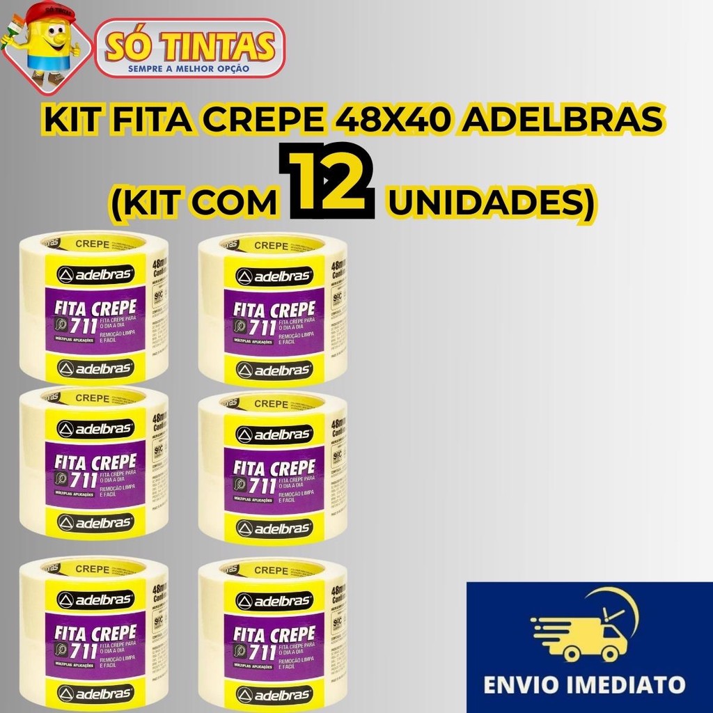 Kit 12 Fita Crepe Adelbras 711 Larga 48mm x 40m para Pintura, Artesanato, Escolar Kit 12 Fita Crepe Adelbras 711 Larga 48mm x 40m para Pintura, Artesanato, Escolar