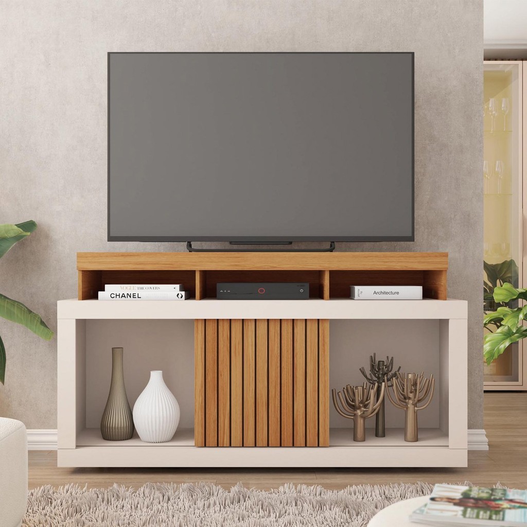 Rack para Tv até 55 Polegadas Frisos Decorativos Valença Freijó/Off White Rack para Tv até 55 Polegadas Frisos Decorativos Valença Freijó/Off White