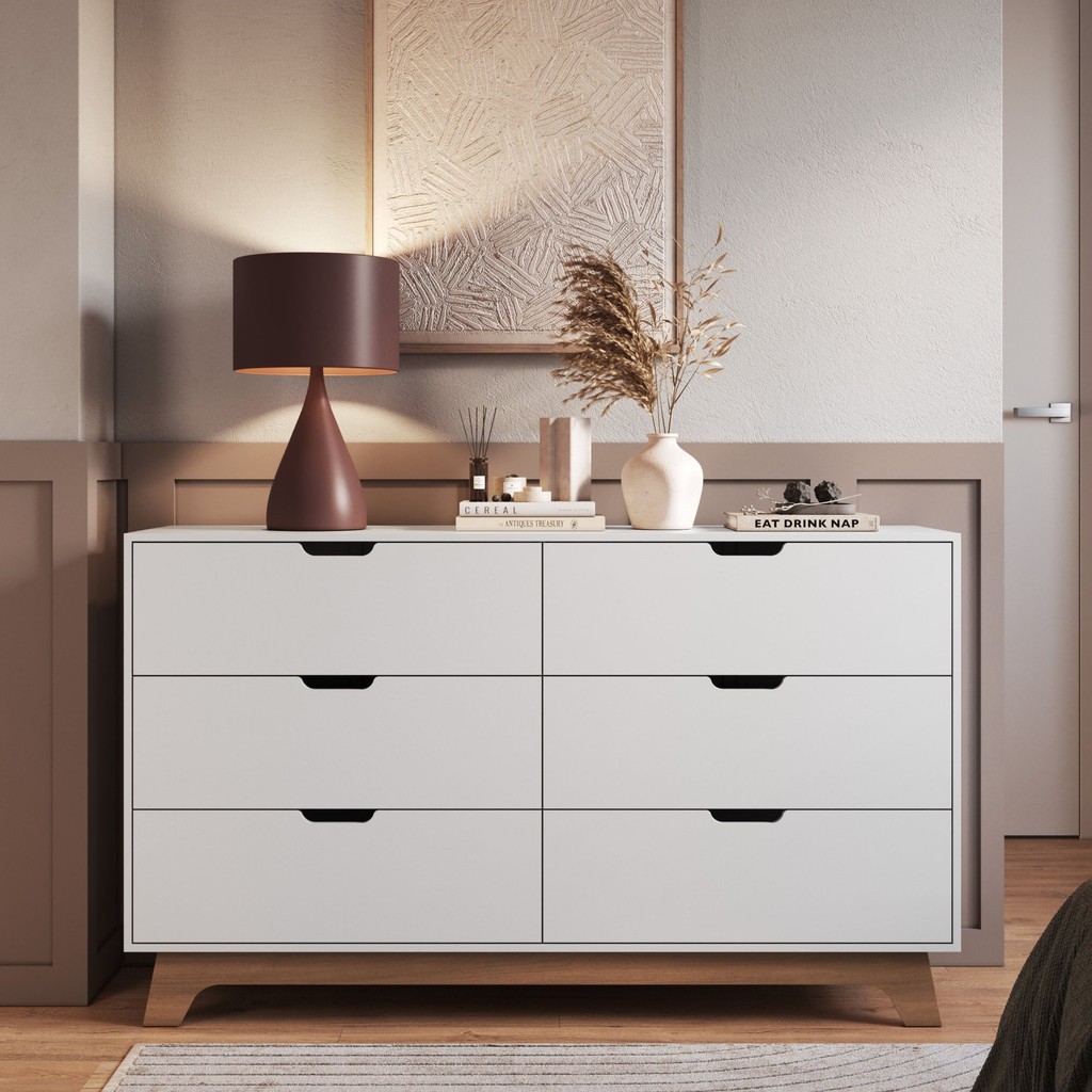 Cômoda para Quarto 6 Gavetas MDF Alice Branco/Louro Freijo