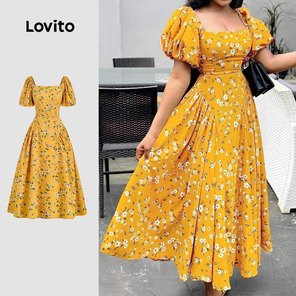 Lovito Vestido Boho De Férias Estilo Resort Com Zíper Amarelo Para Primavera/verão Feminino LBL29324 Lovito Vestido Boho De Férias Estilo Resort Com Zíper Amarelo Para Primavera/verão Feminino LBL29324