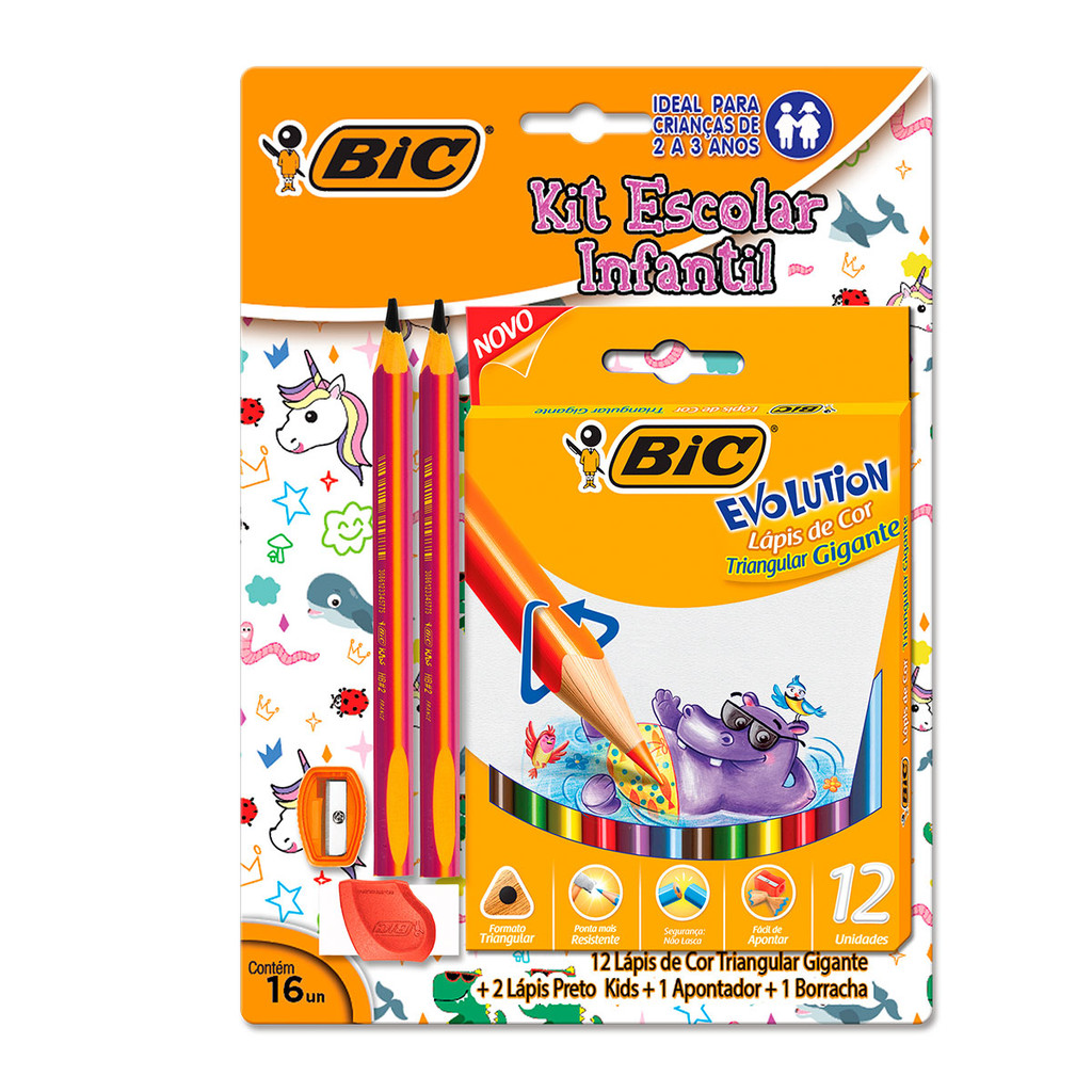 Kit escolar lápis de cor 12 cores Evolution Gigante + lápis + apontador + borracha 16 itens Bic Kit escolar lápis de cor 12 cores Evolution Gigante + lápis + apontador + borracha 16 itens Bic