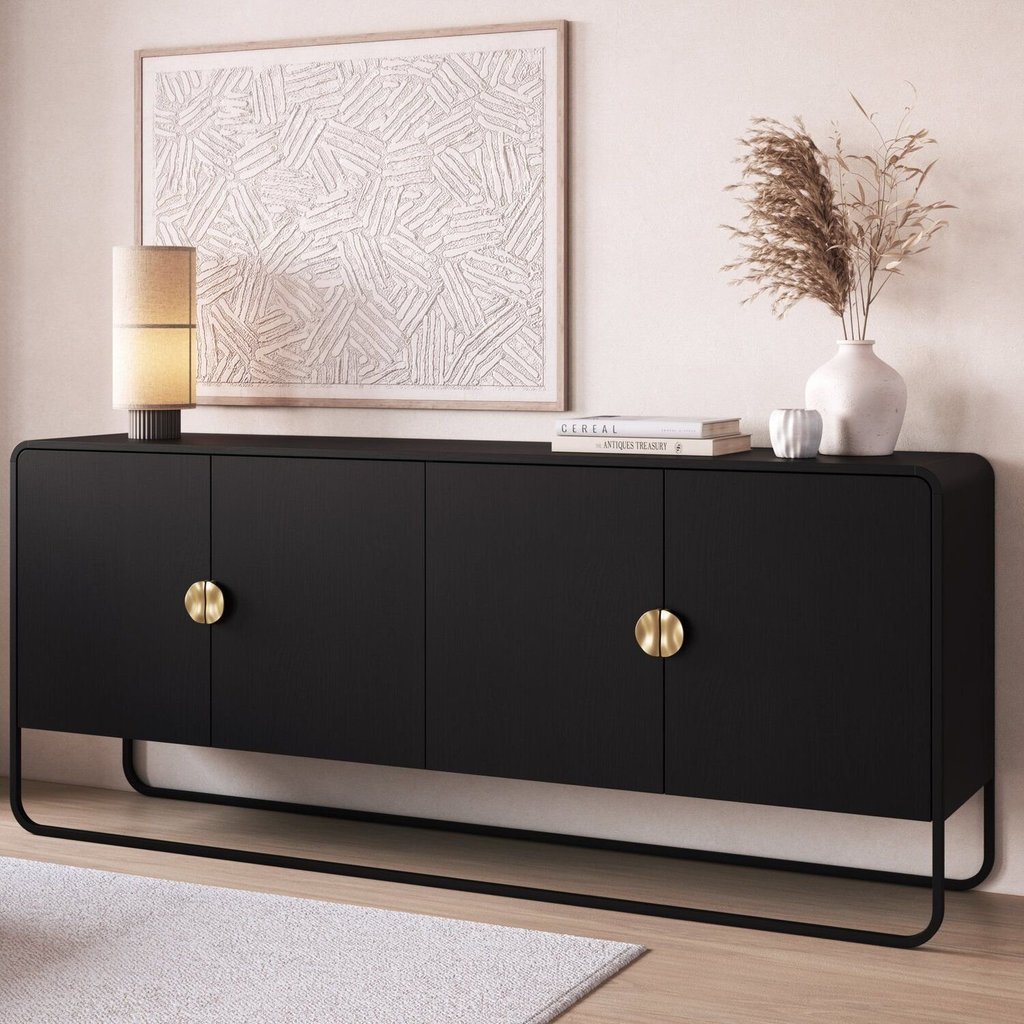 Balcão Buffet 180cm 4 Portas Orgânico Pé Metal Luna Nero/Preto Balcão Buffet 180cm 4 Portas Orgânico Pé Metal Luna Nero/Preto