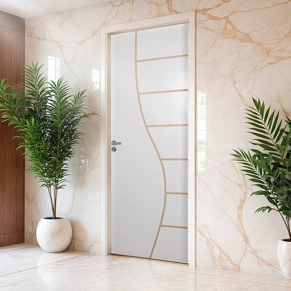 Kit Porta de Madeira Decorada 215x75cm com Batente de Aço 06cm Cantareira Mgm Abertura Esquerda Branco Kit Porta de Madeira Decorada 215x75cm com Batente de Aço 06cm Cantareira Mgm Abertura Esquerda Branco
