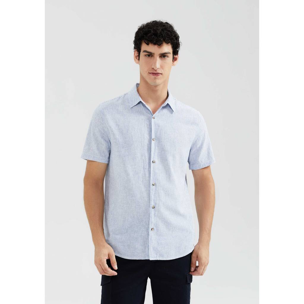 Camisa Masculina Manga Curta Fio Tinto Listrada Em Linho Camisa Masculina Manga Curta Fio Tinto Listrada Em Linho