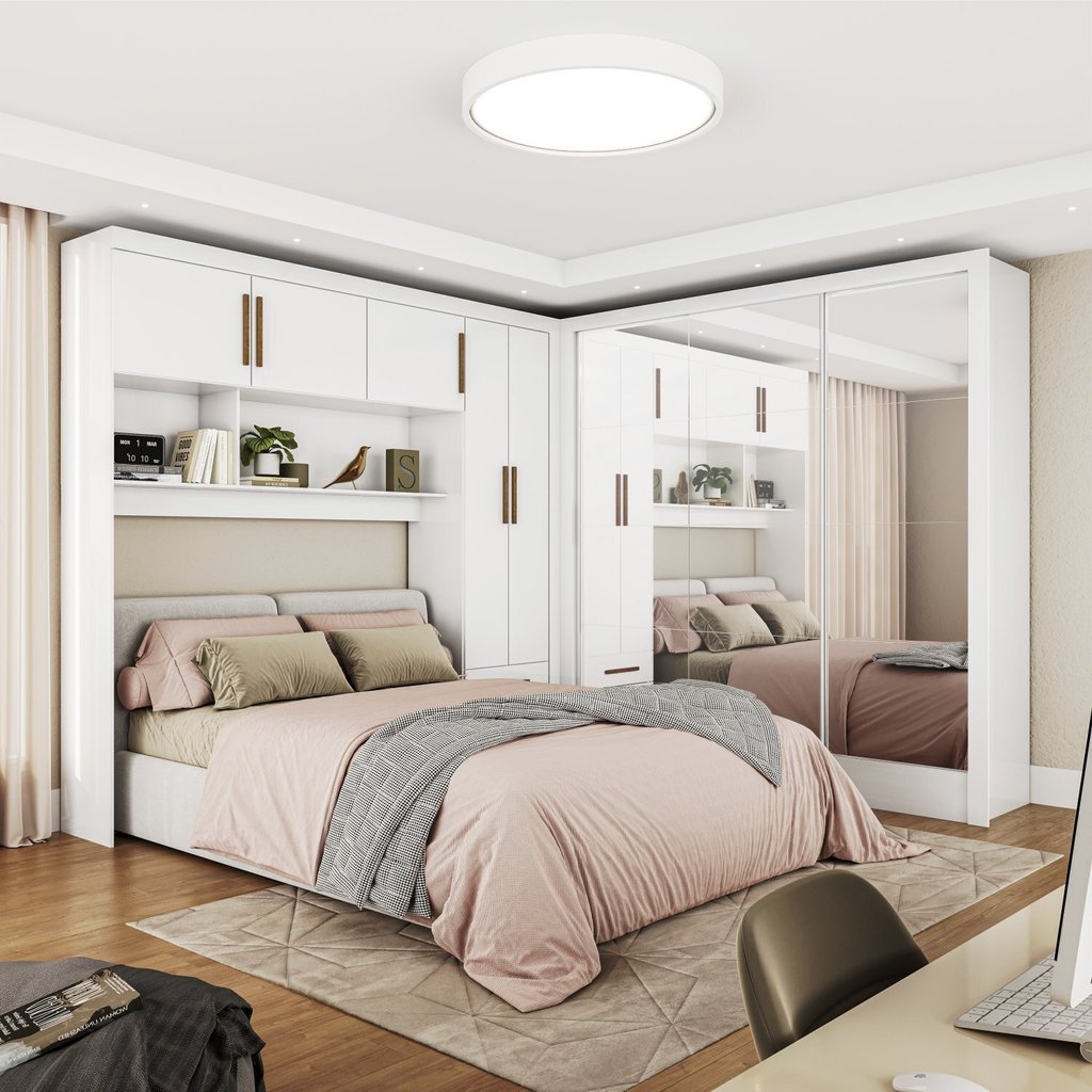 Guarda-Roupa Casal Modulado 5 Portas Santiago 3 Portas Premium 5 Gaveta com Espelho Branco Guarda-Roupa Casal Modulado 5 Portas Santiago 3 Portas Premium 5 Gaveta com Espelho Branco