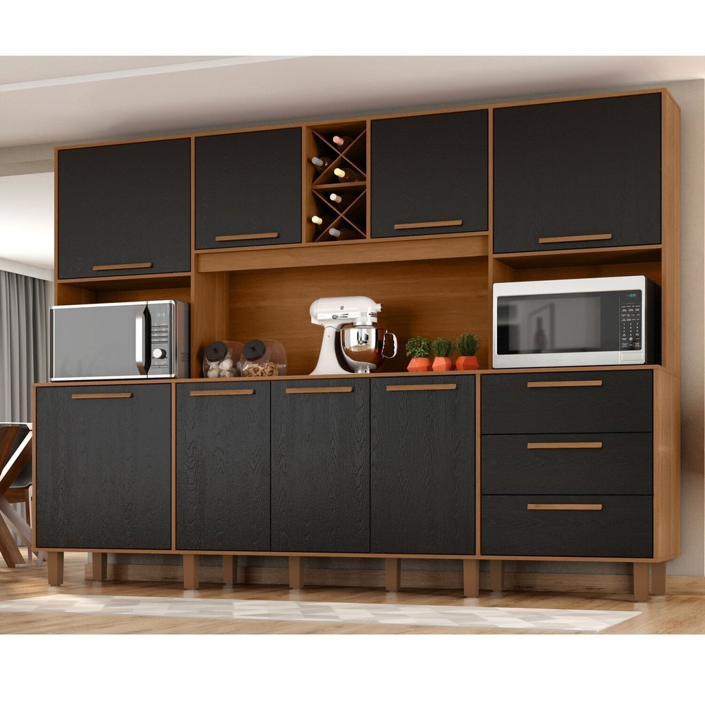 Kit de Armários para Cozinha Mdp 8 Portas 3 Gavetas Apollo Cinamomo/Preto Catedral Kit de Armários para Cozinha Mdp 8 Portas 3 Gavetas Apollo Cinamomo/Preto Catedral
