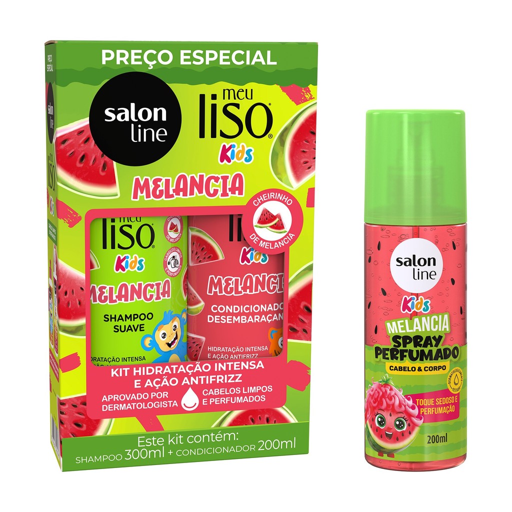 Kit Meu Liso Kids Melancia com Shampoo + Condicionador e Spray Perfumado Kit Meu Liso Kids Melancia com Shampoo + Condicionador e Spray Perfumado