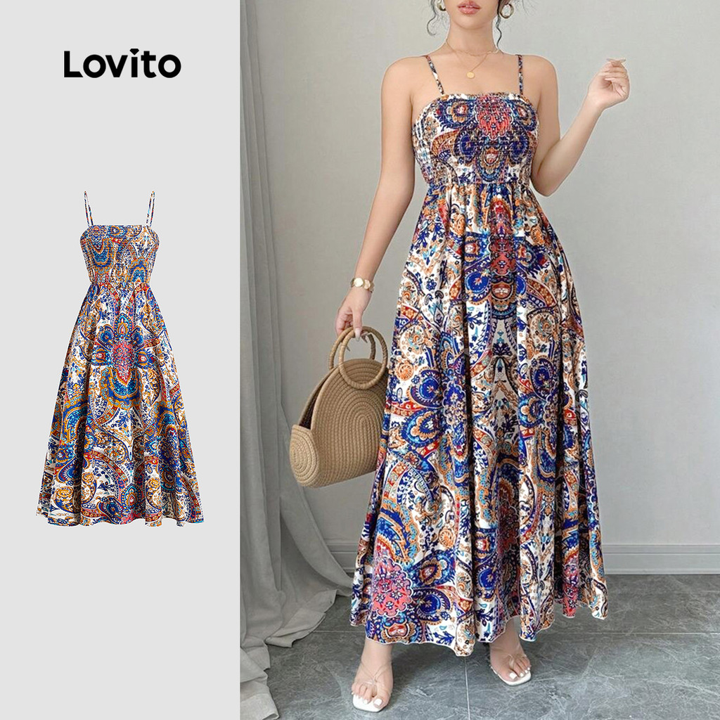 Lovito Vestido Boho Franzido de Estilo Nacional Primavera/verão para Mulheres L138ED206 Lovito Vestido Boho Franzido de Estilo Nacional Primavera/verão para Mulheres L138ED206