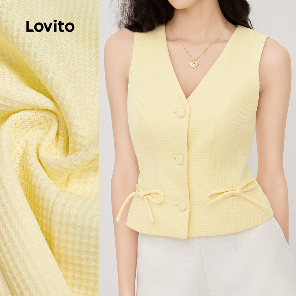 Lovito Blusa Casual com Laço Na Frente Primavera/verão Cor Amarela Clara para mulheres L156AD185 Lovito Blusa Casual com Laço Na Frente Primavera/verão Cor Amarela Clara para mulheres L156AD185