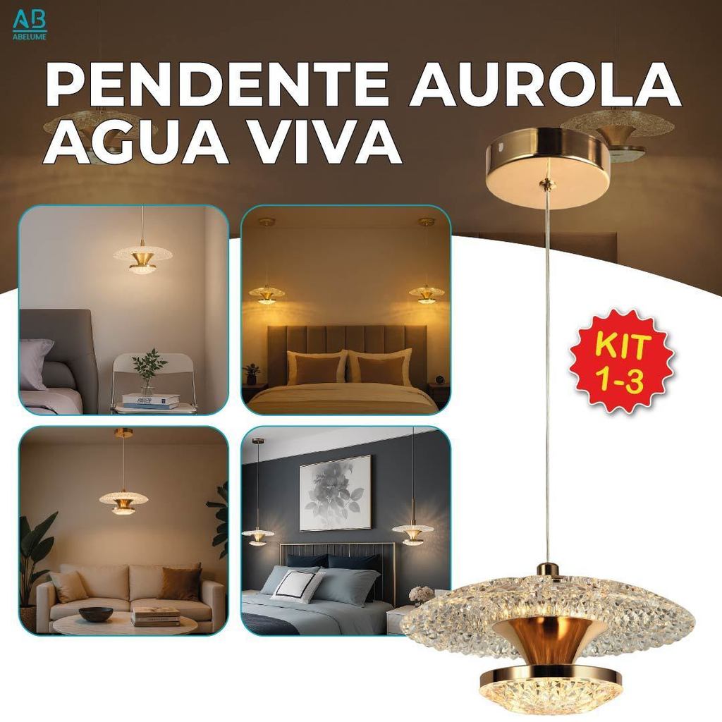 Luminária Lustre Pendente Led Água Viva Dourado Luz Quente 110V-220V Bivolt Luminária Lustre Pendente Led Água Viva Dourado Luz Quente 110V-220V Bivolt