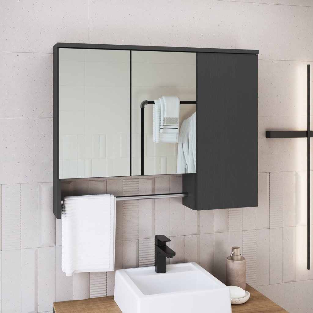 Armário Espelheira para Banheiro Olívia com 3 Portas e Toalheiro Mel/Grafite Armário Espelheira para Banheiro Olívia com 3 Portas e Toalheiro Mel/Grafite