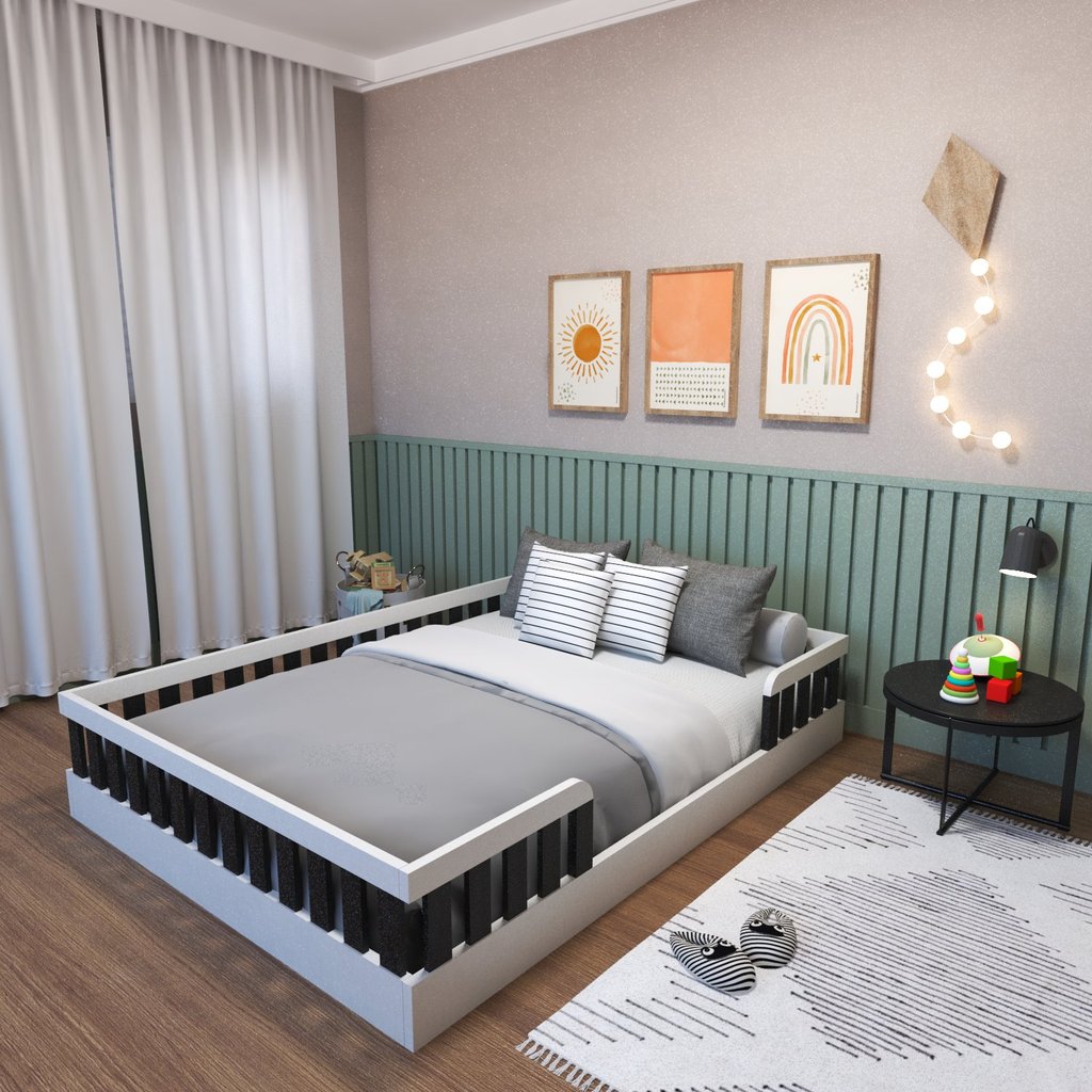 Cama Infantil Montessoriana Casal Sol Branco/Preto Cama Infantil Montessoriana Casal Sol Branco/Preto
