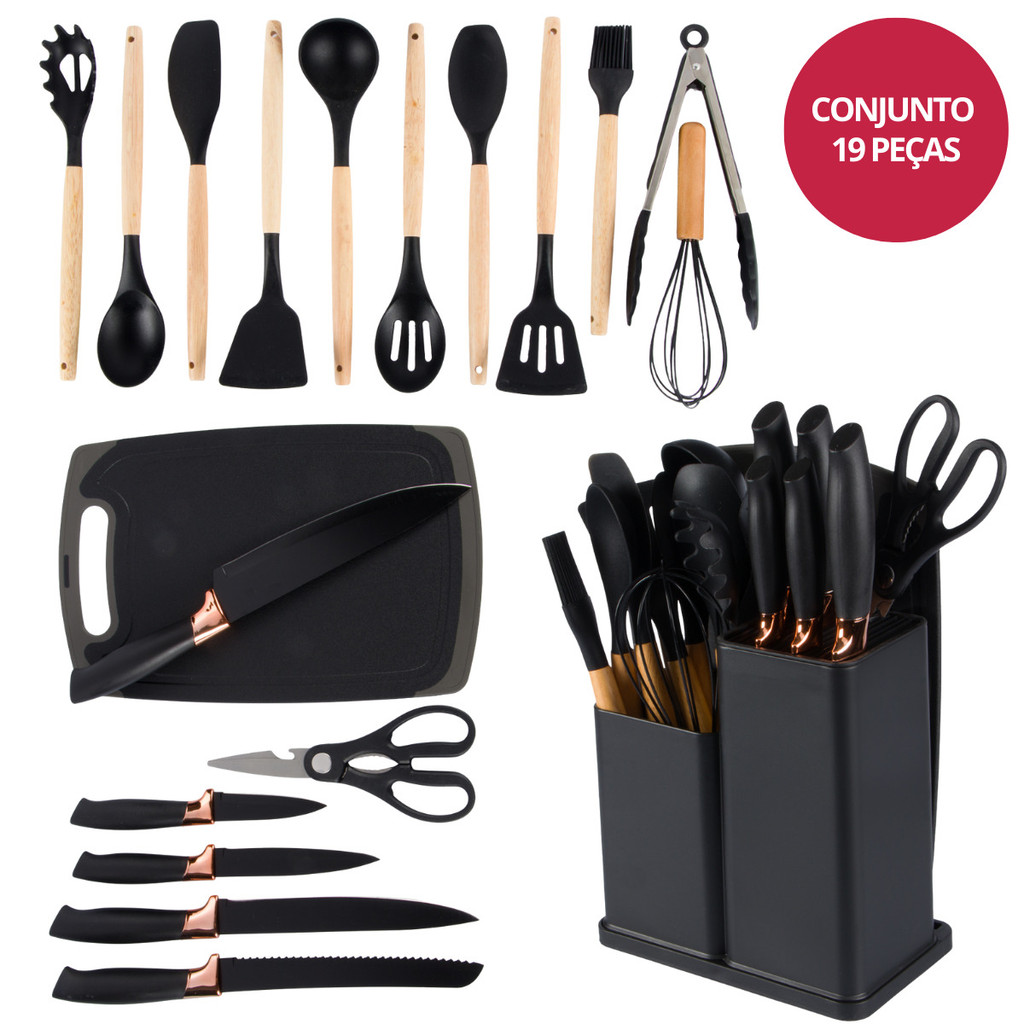 Kit Utensílios de Cozinha Silicone 19 Peças Preto Thika Kit Utensílios de Cozinha Silicone 19 Peças Preto Thika