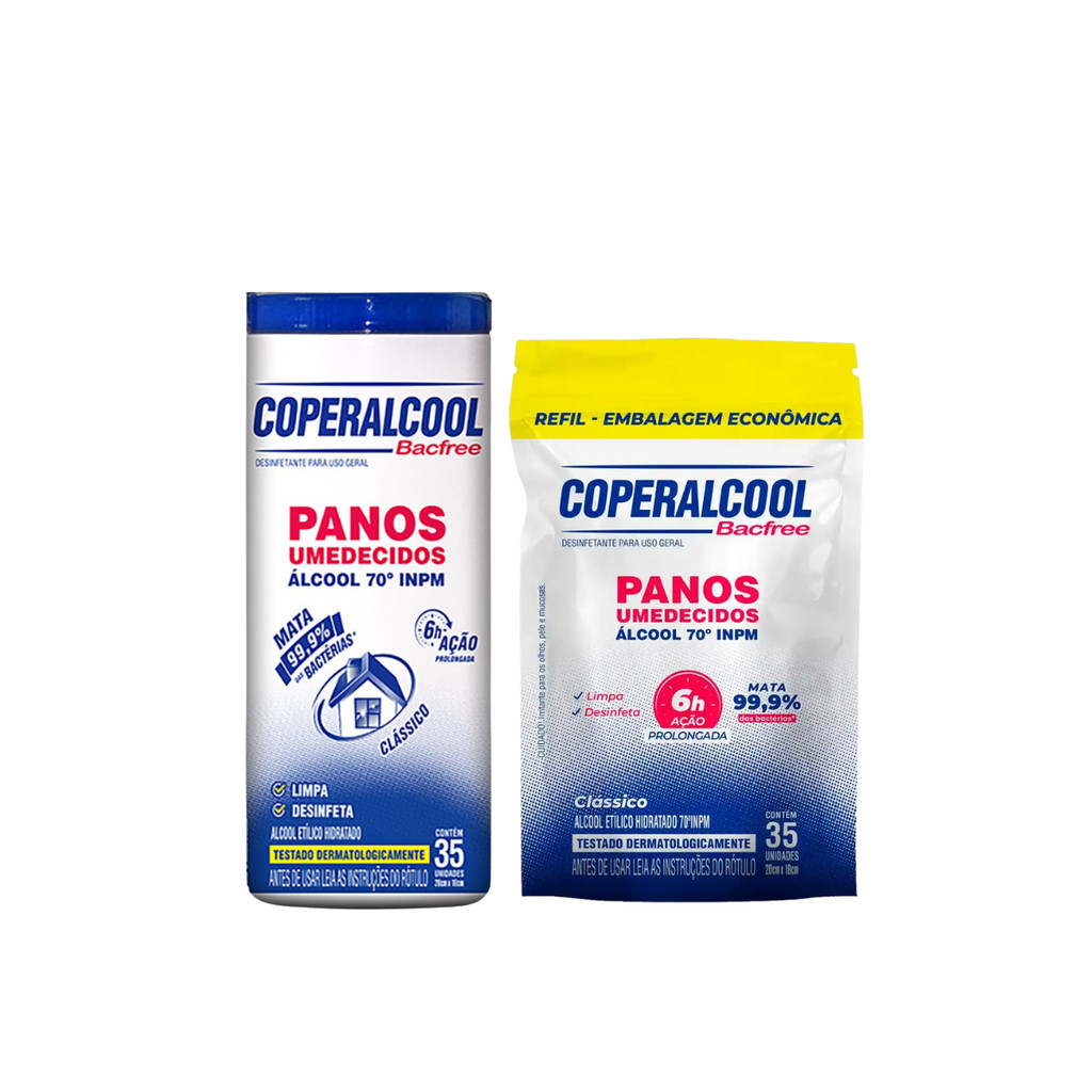 Kit 01 Pote + 01 Pacote Refil de Lenço Umedecido com Álcool 35 lenços cada Coperalcool Kit 01 Pote + 01 Pacote Refil de Lenço Umedecido com Álcool 35 lenços cada Coperalcool