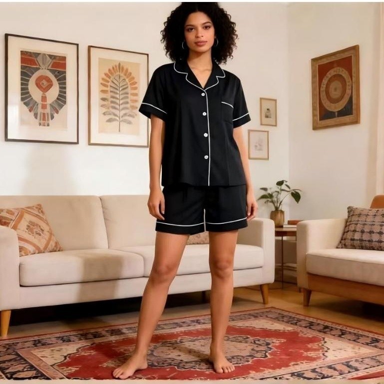 Pijama Feminino Curto Verão Confortável | Conjunto Short e Camisa Botão | Roupa de Dormir Casual para Casa Pijama Feminino Curto Verão Confortável | Conjunto Short e Camisa Botão | Roupa de Dormir Casual para Casa