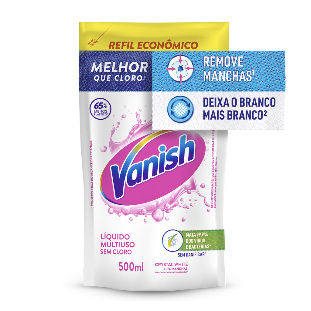 Tira Manchas Vanish Líquido Crystal White Para Roupas Brancas Refil Econômico 500ml Tira Manchas Vanish Líquido Crystal White Para Roupas Brancas Refil Econômico 500ml