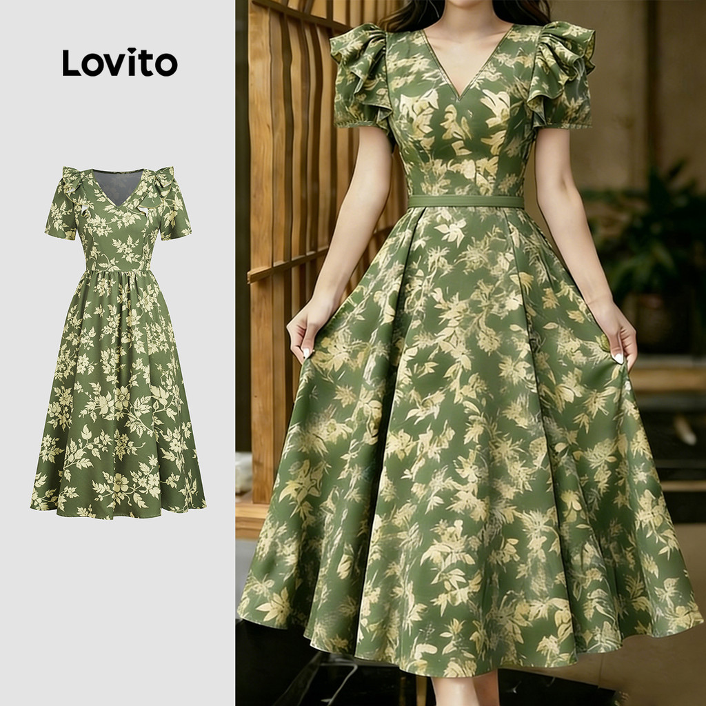 Lovito Vestido Boho Babado com Zíper Primavera/verão Verde para Mulheres L177ED279 Lovito Vestido Boho Babado com Zíper Primavera/verão Verde para Mulheres L177ED279