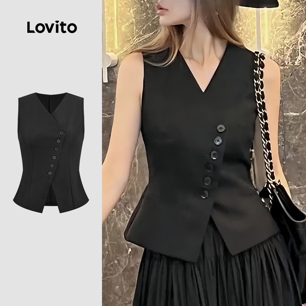 Lovito Casual Top Assimétrico com Botão Primavera/verão Preto Top para Mulheres. L178ED334 Lovito Casual Top Assimétrico com Botão Primavera/verão Preto Top para Mulheres. L178ED334